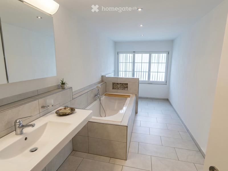 Modern bathroom with a large bathtub, double sink, and a decorative plant on the counter.