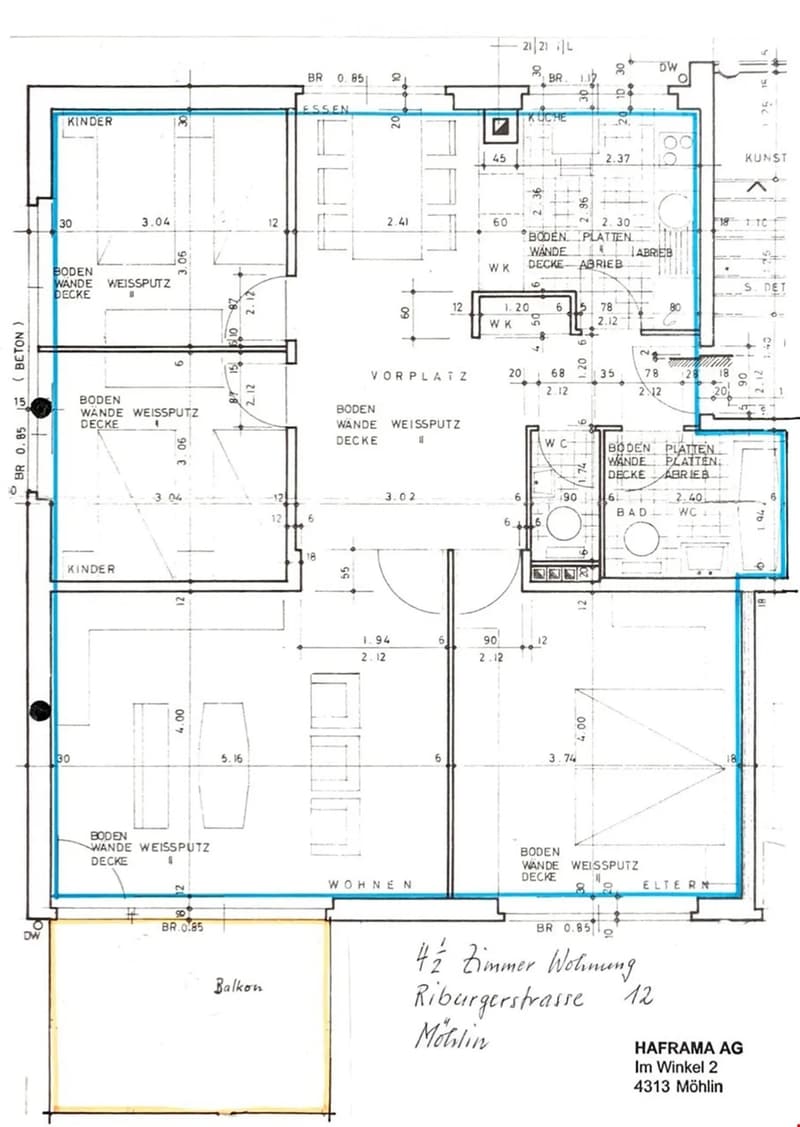 Floor plan of a 4.5-room apartment with living room, dining area, kitchen, two bedrooms, bathroom, and balcony.