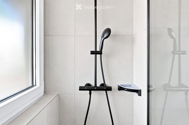 Modern bathroom shower area with a sleek black showerhead mounted on a rail, a glass shower enclosure, and a small built-in shelf.