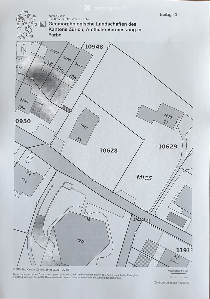 Geomorphological map of the Canton of Zurich, showing property boundaries, plot numbers, and elevation details.