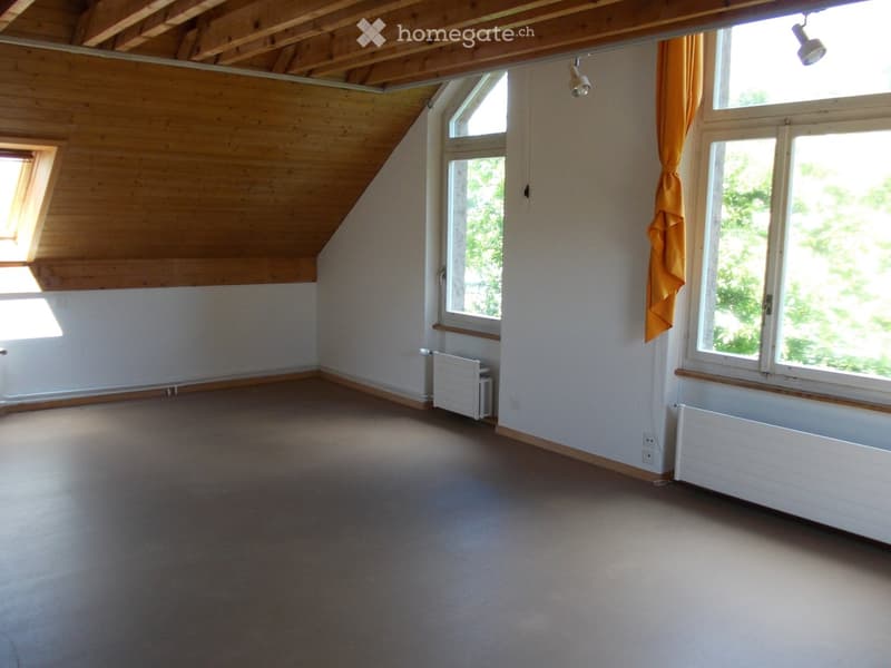 Empty attic room with wooden slanted ceiling, large windows, radiators, and natural light.