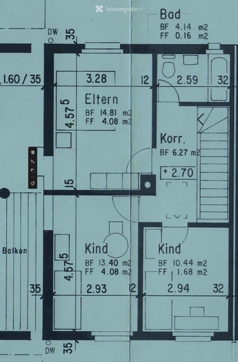 Floor plan of a residential unit with two bedrooms, a bathroom, a hallway, and a balcony.