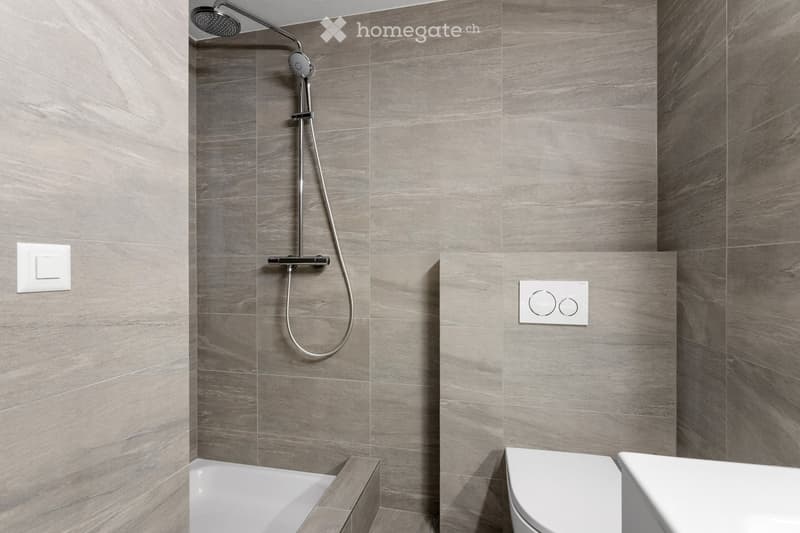 Modern bathroom with grey tiled walls, a bathtub, toilet, and a handheld showerhead with a control valve.