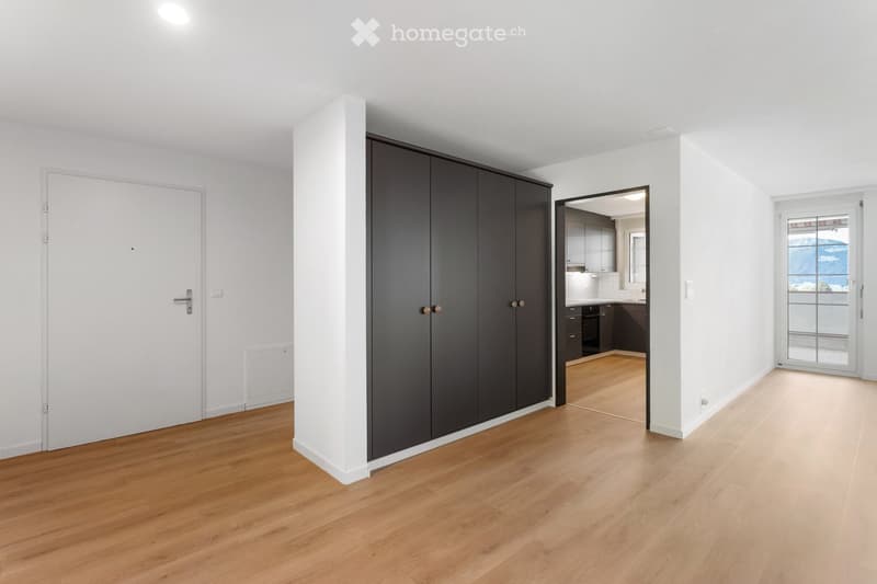 Empty room with light wooden flooring, white walls, and a large built-in wardrobe. A doorway leads to a kitchen area with dark cabinets and a window overlooking a scenic view.