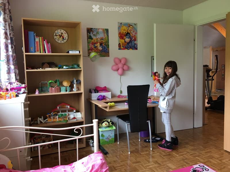 desk, chair, shelf, storage box, toy house, lamp, balloon, children's bed, girl