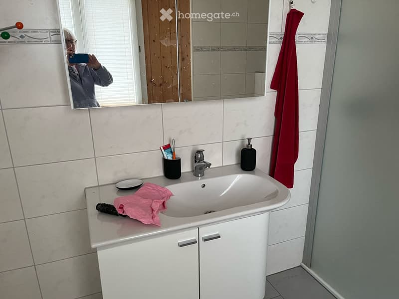 Bathroom with sink, mirror, cabinet, and shower enclosure. White tiles, shower area, red towel, and cleaning items.