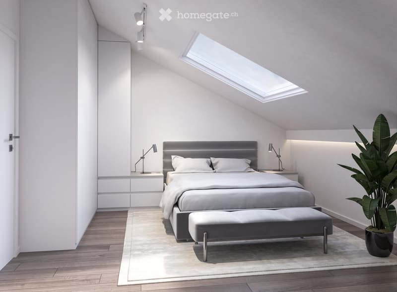 Modern bedroom with a large bed, nightstands, lamps, a bench, and a potted plant. The room features a skylight and built-in storage.