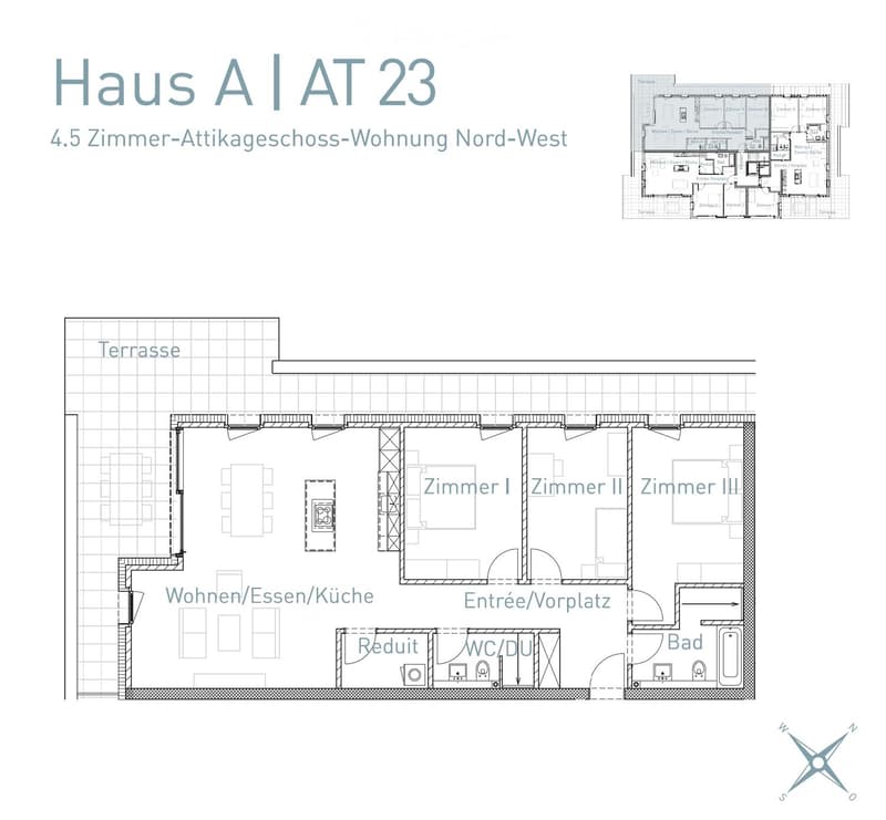 Floor plan of a 4.5-room attic apartment with living/dining/kitchen area, three bedrooms, bathroom, WC, hallway, and terrace.