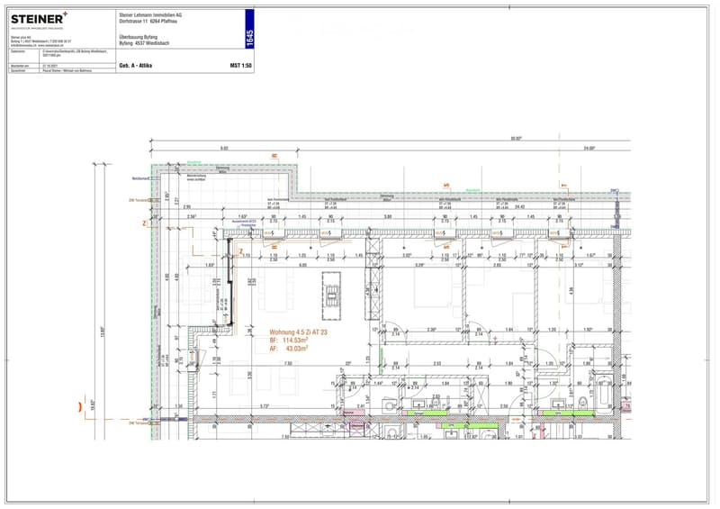 Floor plan of a residential building showing multiple apartments, dimensions, and structural details. Includes labeled rooms, measurements, and architectural notations.