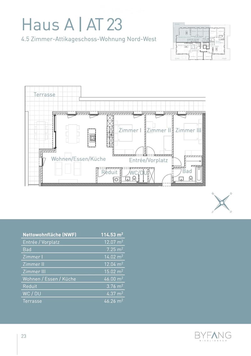 Floor plan of a 4.5-room attic apartment with north-west orientation, including a living/dining/kitchen area, three bedrooms, a bathroom, a WC/DU, a hallway, a dressing room, and a terrace.