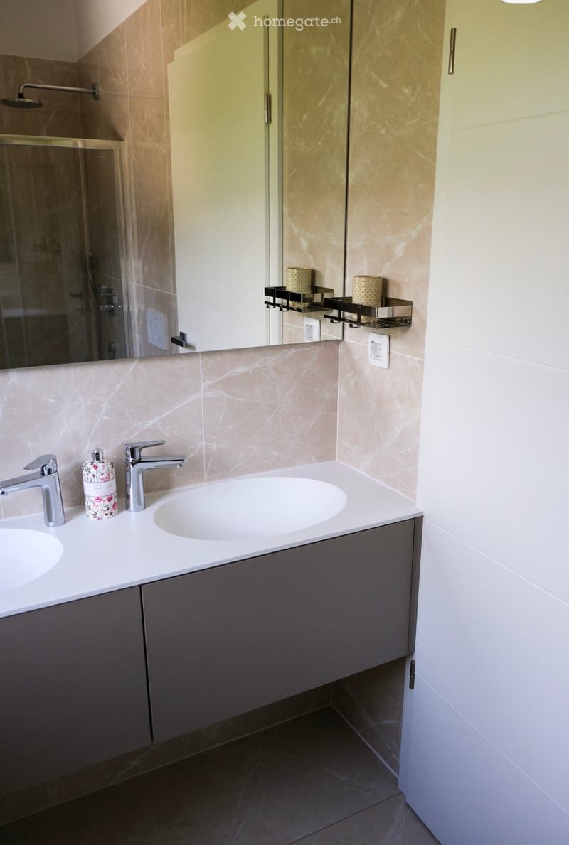 Modern bathroom with a double sink, sleek faucet, large mirror, and a glass-enclosed shower area.