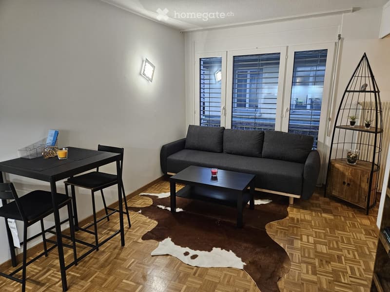 Modern living room with a grey sofa, coffee table, dining table with stools, and a decorative shelf with plants.