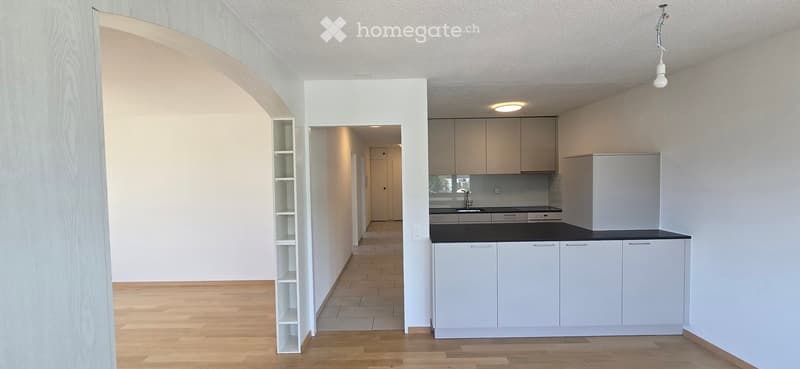 Empty kitchen area with white cabinets, black countertops, and wooden flooring. No furniture or appliances are present.