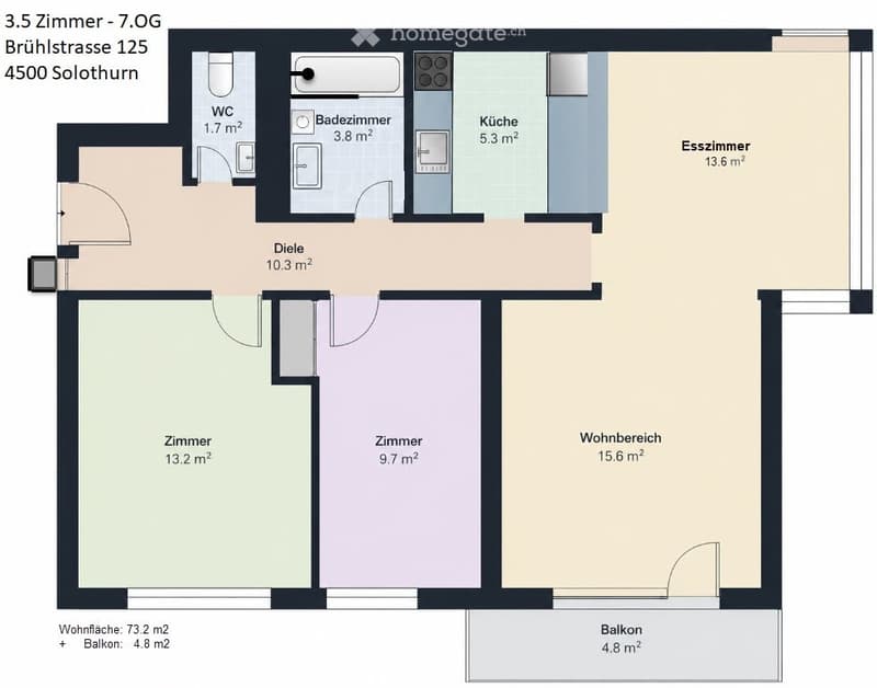 Floor plan of a 3.5-room apartment on the 7th floor, including a kitchen, dining room, living area, two bedrooms, bathroom, and balcony.