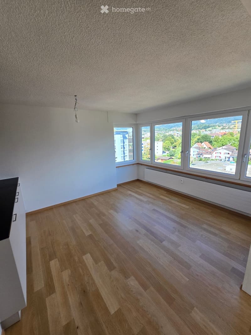 Empty room with wooden flooring, white walls, large windows offering a scenic view, and a radiator under the windows.