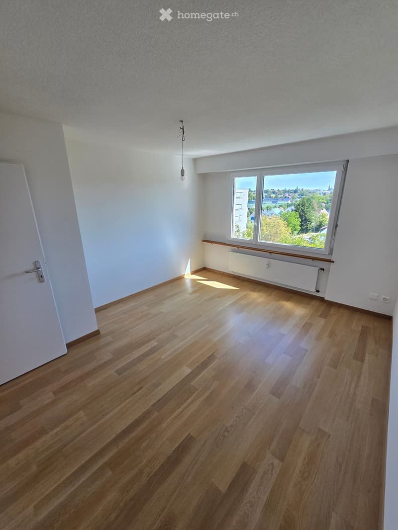 Empty room with wooden flooring, white walls, and a large window offering a view of the city and trees. There is a radiator below the window and a door on the left side.