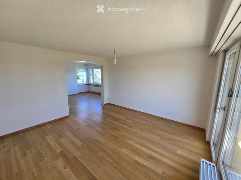Empty room with light wooden flooring, white walls, and a hanging light fixture. An arched doorway leads to another room with windows and a radiator.