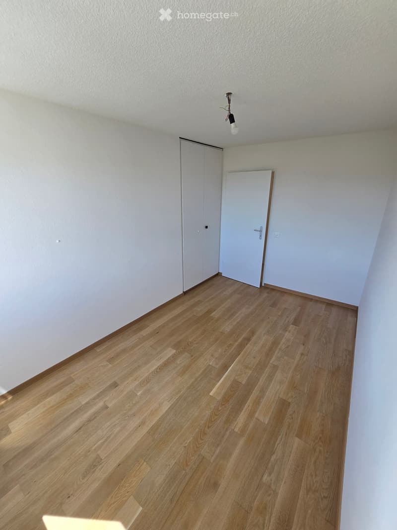 Empty room with light wooden flooring, white walls, and a single door leading to another space.