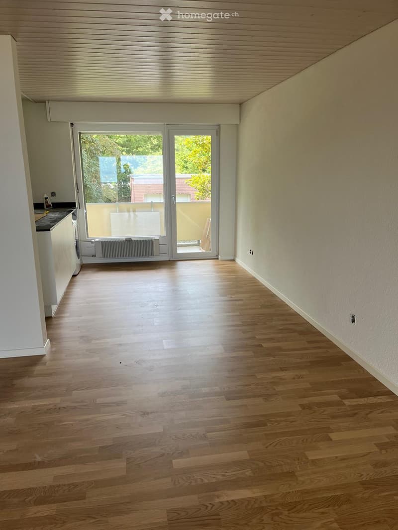 Empty room with wooden flooring, white walls, and a sliding glass door leading to a balcony area.