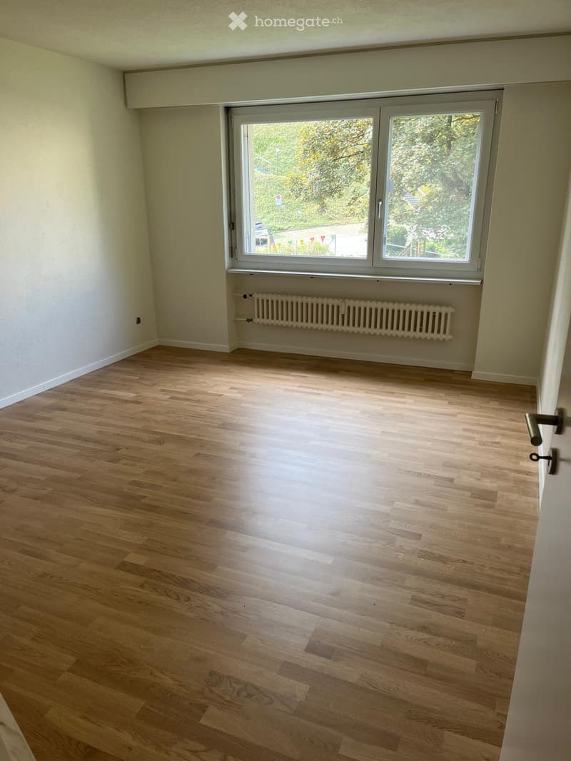 Empty room with light wooden flooring, white walls, large window with radiator below, and a door handle visible on the right side.