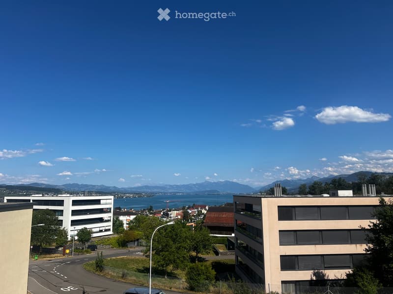 Modern multi-story residential buildings with large windows and balconies, surrounded by greenery and a scenic view of a lake and distant mountains.