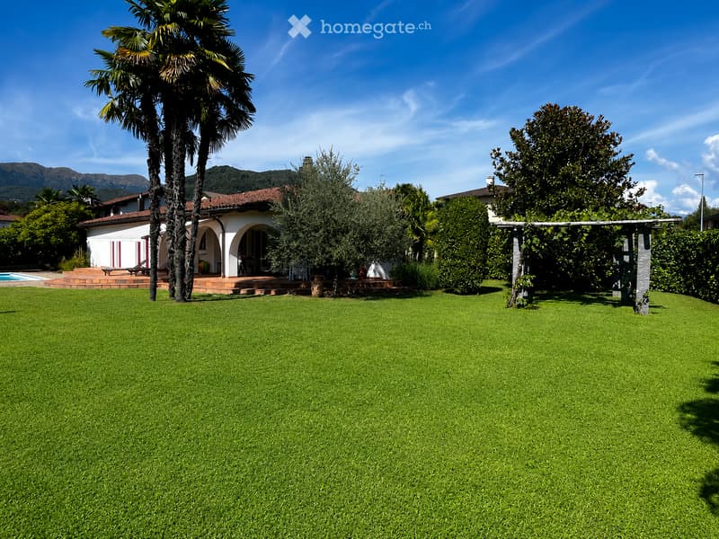 A well-maintained garden with a large, neatly trimmed lawn, a swimming pool, a tall palm tree, and a white house with a red-tiled roof in the background.