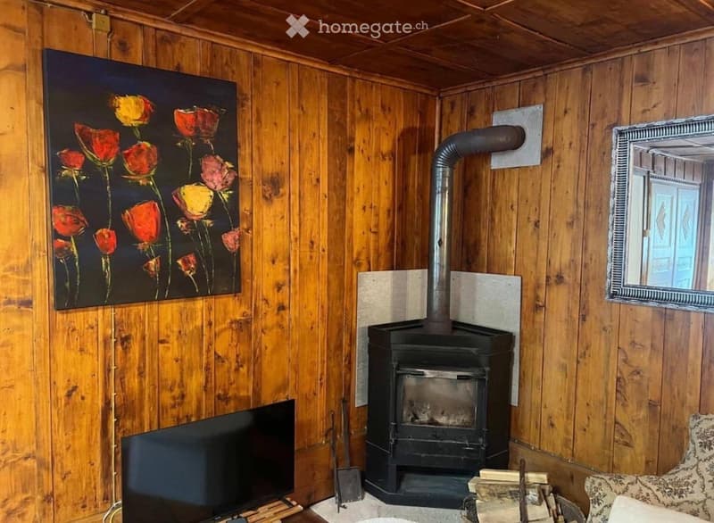 Cozy room with wooden walls and ceiling, featuring a black fireplace, a flat-screen TV, a colorful painting of flowers, and a patterned sofa.