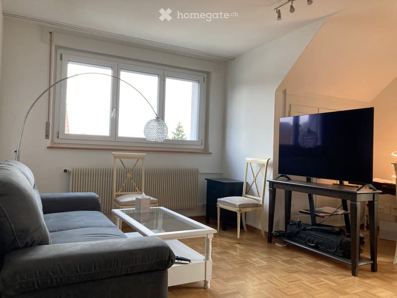 Living room with grey sofa, glass coffee table, white wooden chair, small stool, TV on a stand, and a floor lamp near the window.