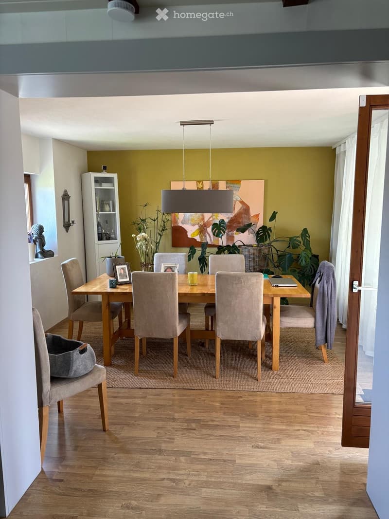 Dining room with wooden floor, dining table with six chairs, pendant light, plants, picture frames, and a shelf with decorative items.
