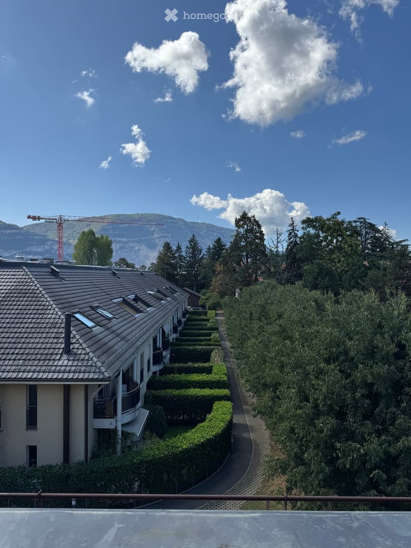 View from a rooftop showing a modern house with a tiled roof, balconies, and surrounding greenery, with a landscaped garden and distant mountains under a clear blue sky.