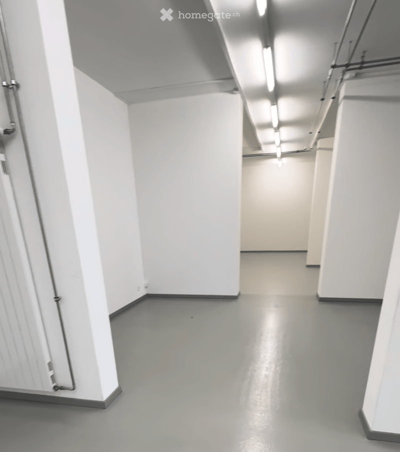 Empty corridor with white walls, grey floor, and industrial-style lighting. No furniture or equipment present.