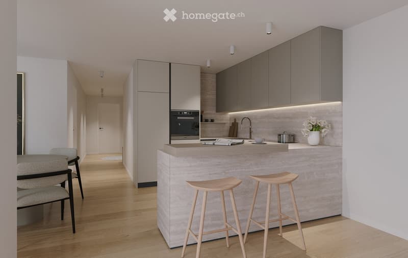 Modern kitchen with light grey cabinets, a central island, and wooden flooring. Includes two wooden stools, a dining chair, a small table, a vase with white flowers, a cup, and an oven.