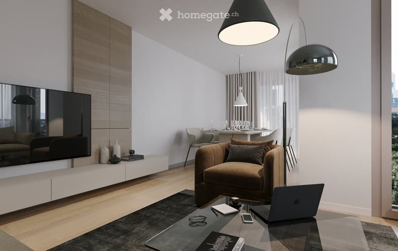 Modern living room with a brown sofa, glass coffee table, laptop, and decorative items. Features a sleek white entertainment unit, pendant lamps, and a dining area with chairs and a table.