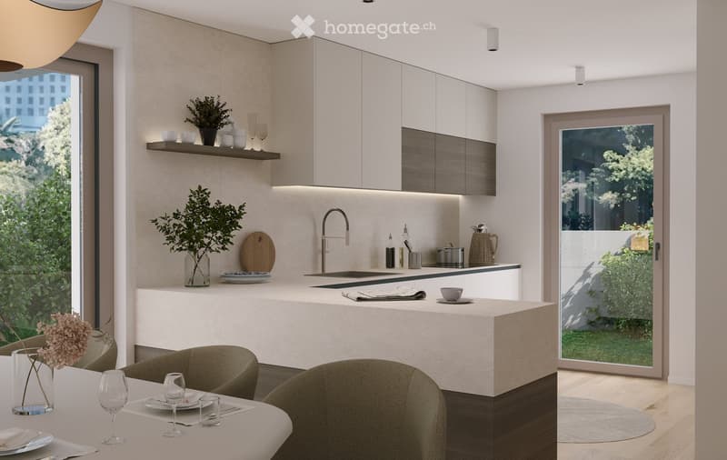 Modern kitchen with white cabinets, a central island, and a dining area. Features include a sink with a modern faucet, a wooden cutting board, and various kitchen items on the counter. The dining area has a table with chairs and wine glasses.