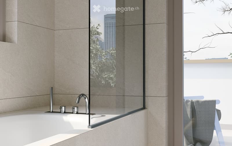 Modern bathroom with a large bathtub, sleek faucet, and a towel on a white chair, featuring large windows with a view of greenery and a cityscape.