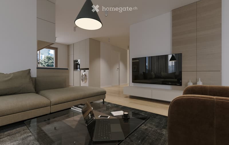Modern living room with a sectional sofa, glass coffee table, laptop, TV, and pendant light. The space features a sleek design with a neutral color palette and contemporary furniture.