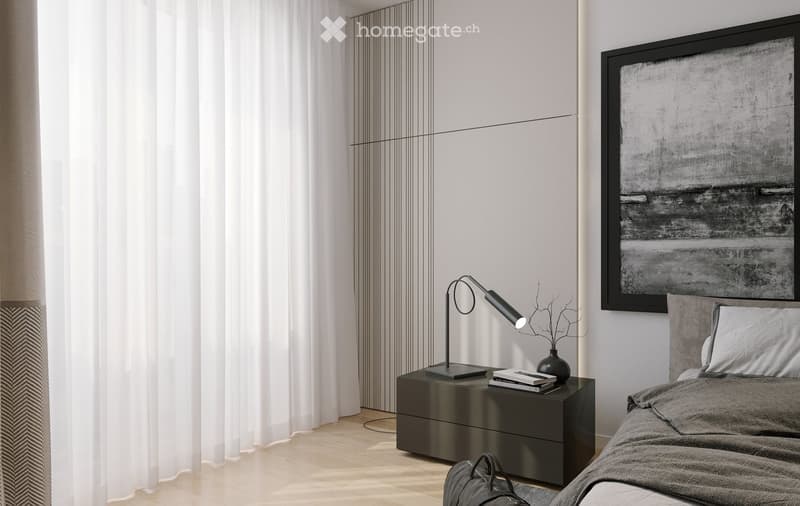 Modern bedroom with a large bed, nightstand, lamp, vase with branches, books, and a large abstract picture frame on the wall.