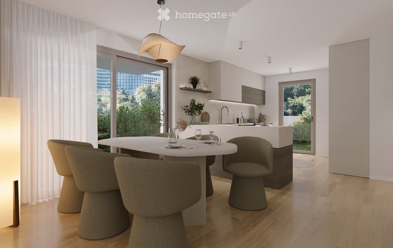 Modern kitchen with a white dining table, four chairs, a sleek faucet, and a built-in cabinet. The space features large windows with sheer curtains, a pendant light, and a small decorative plant on the counter.