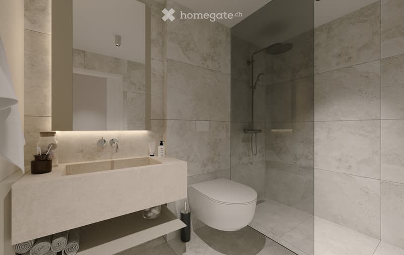 Modern bathroom with a large sink, toilet, shower, and mirror. Features marble tiles and a sleek design.
