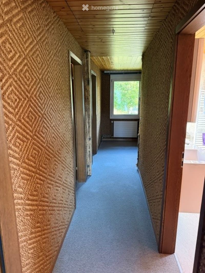 A narrow hallway with patterned textured walls, wooden doors, and a blue carpeted floor. Natural light filters in from a window at the end.