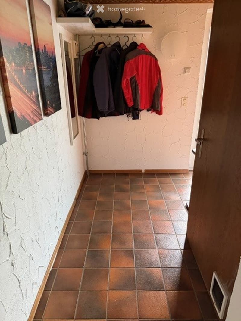 Hallway with tiled floor, coat rack with jackets, shelves, and framed artwork on the wall.