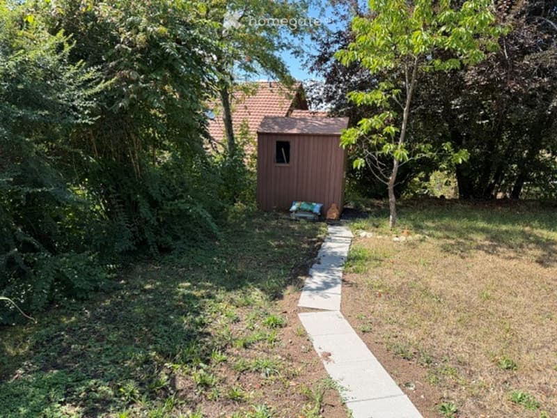 A small wooden shed is situated in a grassy yard surrounded by trees. A concrete pathway leads to the shed, and some bags and items are placed near the entrance.