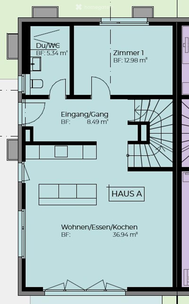 Floor plan of Haus A showing a bathroom (Du/Wc), entrance/hallway, living/dining/kitchen area, and bedroom (Zimmer 1).