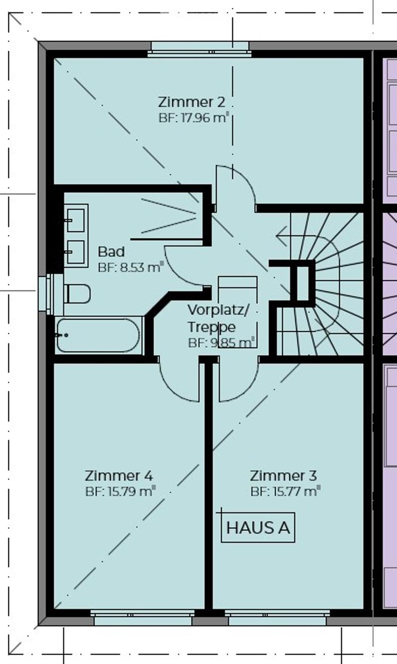 Floor plan of a house with four rooms, a bathroom, and a hallway/staircase area.