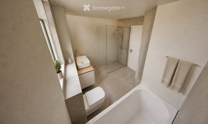 Modern bathroom with a bathtub, toilet, sink, glass-enclosed shower, and two towels hanging on a rack. The space features light-colored tiles and a small plant on the windowsill.