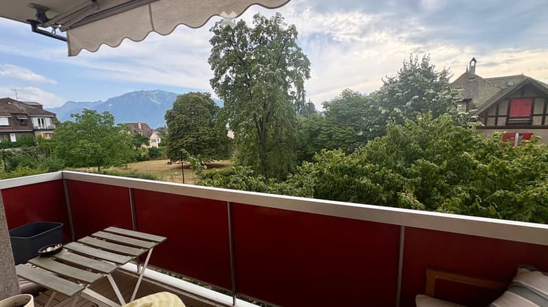 Balcony with red walls, wooden table and chairs, overlooking a green landscape with trees and mountains.