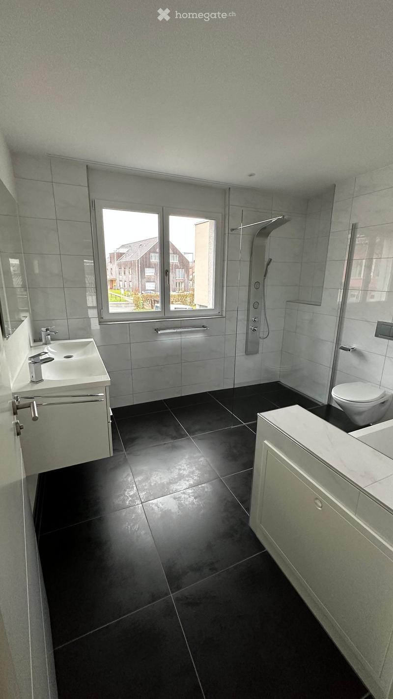 Modern bathroom with black tiled floor, white sink, chrome faucet, toilet, and glass-enclosed shower with modern showerhead.