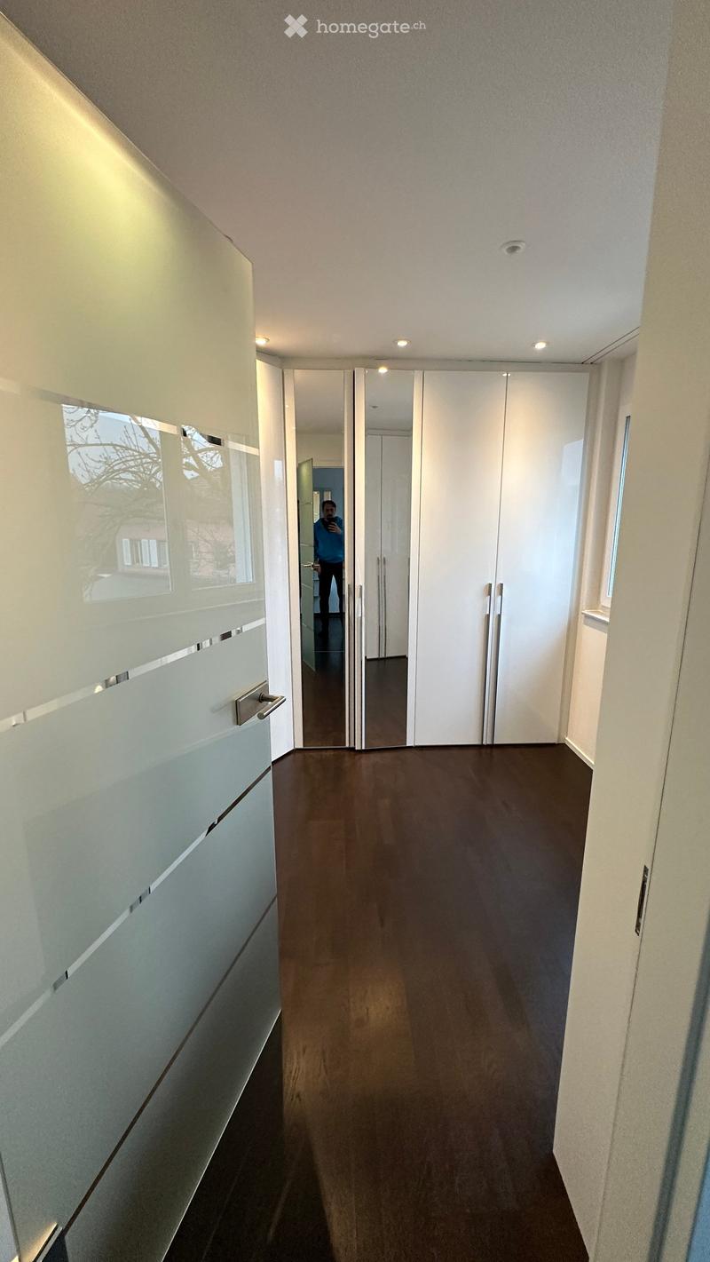 Modern hallway with dark wooden flooring, white walls, and large mirrored closet doors. Recessed lighting and a small window on the left side.