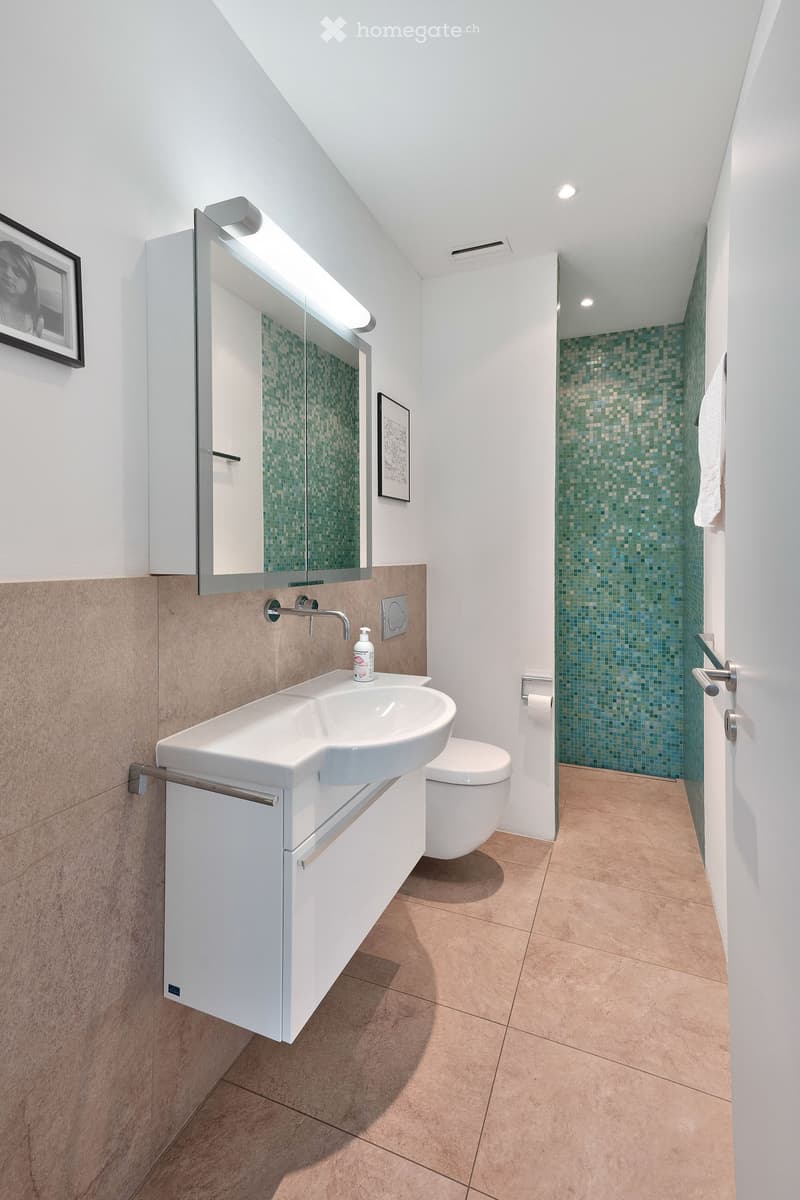 Modern bathroom with a white sink, mirror, toilet, and tiled shower area. Features a built-in cabinet and framed artwork on the wall.