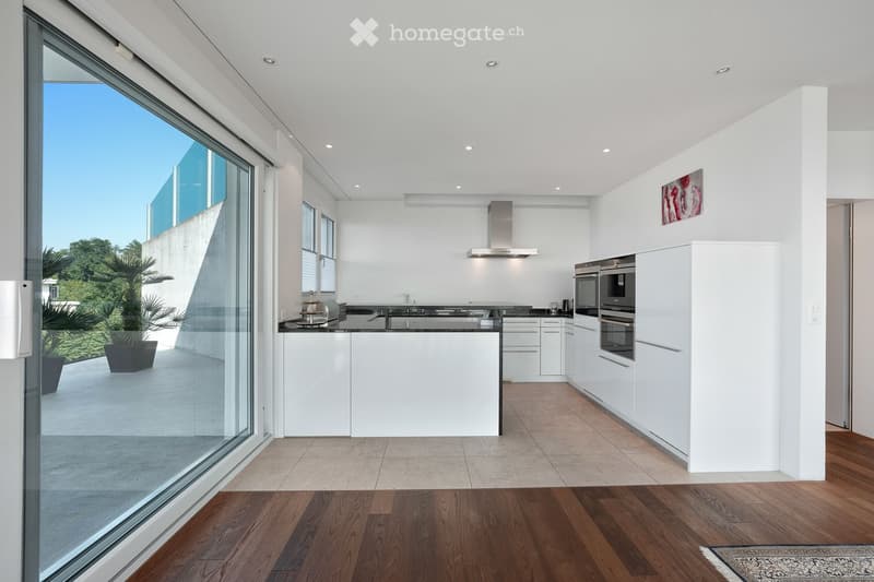 Modern kitchen with white cabinets, stainless steel appliances, and large windows overlooking a garden area.